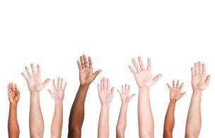 Diverse group of raised hands